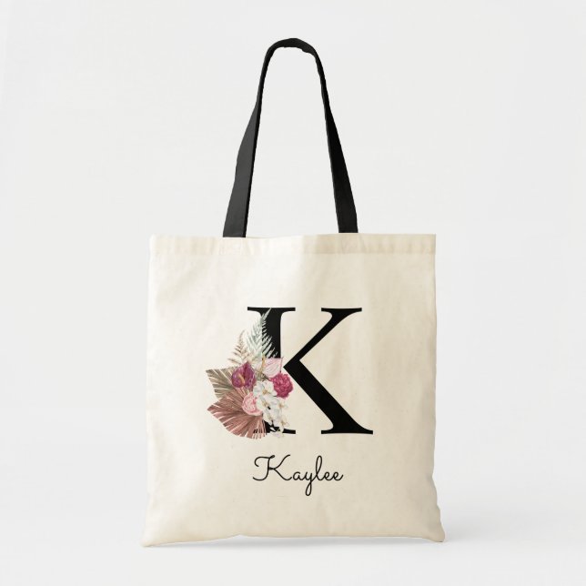 Monogram Pink Boho Girly Floral Initial K Tote Bag (Front)