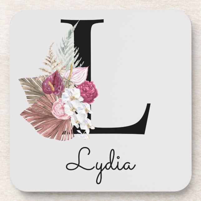 Monogram Pink Boho Girly Floral Initial L Coaster (Front)
