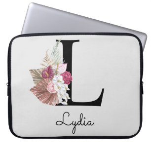 Monogram Pink Boho Girly Floral Initial L Laptop Sleeve