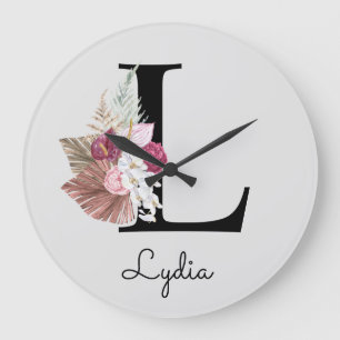 Monogram Pink Boho Girly Floral Initial L Large Clock