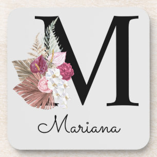 Monogram Pink Boho Girly Floral Initial M Coaster