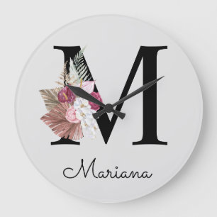 Monogram Pink Boho Girly Floral Initial M Large Clock
