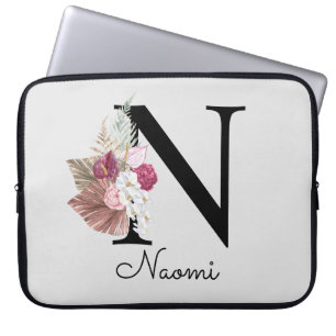Monogram Pink Boho Girly Floral Initial N Laptop Sleeve