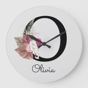 Monogram Pink Boho Girly Floral Initial O Large Clock