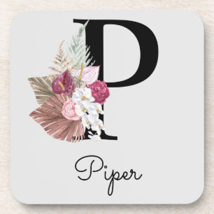 Monogram Pink Boho Girly Floral Initial P Coaster