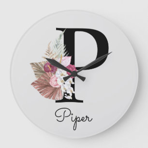 Monogram Pink Boho Girly Floral Initial P Large Clock