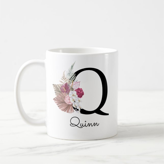 Monogram Pink Boho Girly Floral Initial Q Coffee Mug (Left)