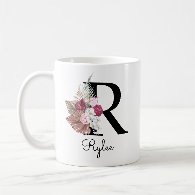 Monogram Pink Boho Girly Floral Initial R Coffee Mug (Left)
