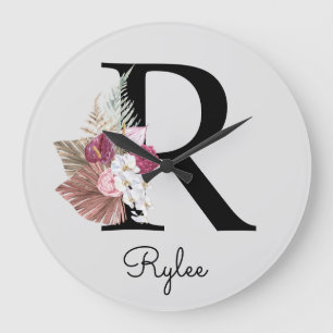 Monogram Pink Boho Girly Floral Initial R Large Clock