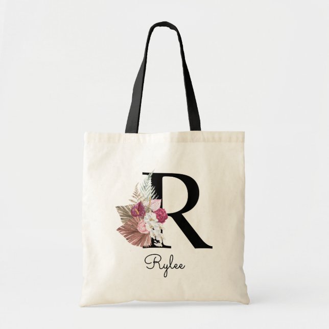 Monogram Pink Boho Girly Floral Initial R Tote Bag (Front)