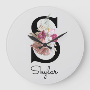 Monogram Pink Boho Girly Floral Initial S Large Clock