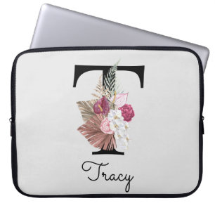 Monogram Pink Boho Girly Floral Initial T Laptop Sleeve