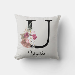 Monogram Pink Boho Girly Floral Initial U Cushion
