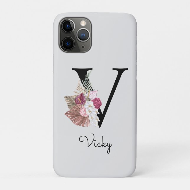 Monogram Pink Boho Girly Floral Initial V Case-Mate iPhone Case (Back)
