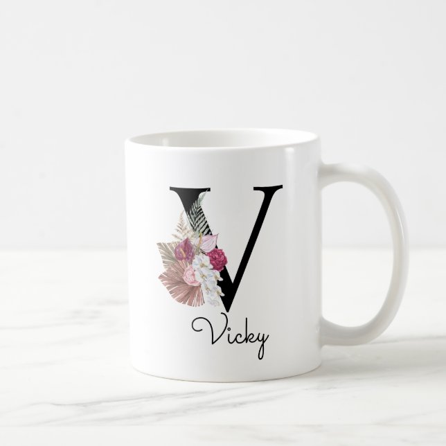 Monogram Pink Boho Girly Floral Initial V Coffee Mug (Right)