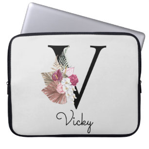 Monogram Pink Boho Girly Floral Initial V Laptop Sleeve