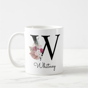 Monogram Pink Boho Girly Floral Initial W Coffee M Coffee Mug