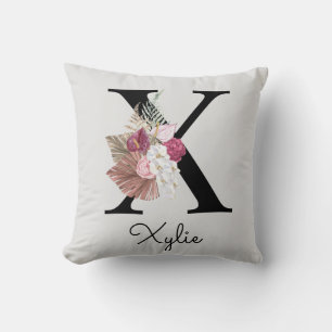 Monogram Pink Boho Girly Floral Initial X Cushion