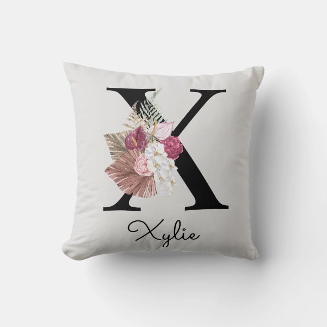Monogram Pink Boho Girly Floral Initial X Cushion (Front)