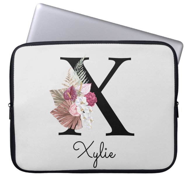 Monogram Pink Boho Girly Floral Initial X Laptop Sleeve (Front)