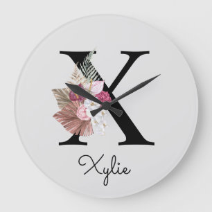 Monogram Pink Boho Girly Floral Initial X Large Clock