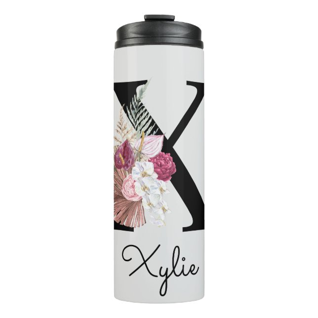 Monogram Pink Boho Girly Floral Initial X Thermal Tumbler (Front)