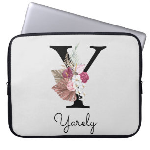 Monogram Pink Boho Girly Floral Initial Y Laptop Sleeve