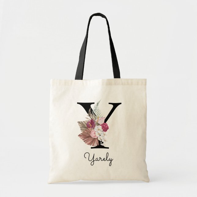 Monogram Pink Boho Girly Floral Initial Y Tote Bag (Front)