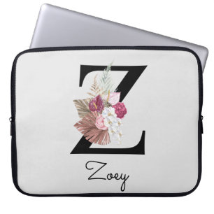 Monogram Pink Boho Girly Floral Initial Z Laptop Sleeve