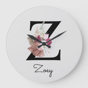 Monogram Pink Boho Girly Floral Initial Z Large Clock
