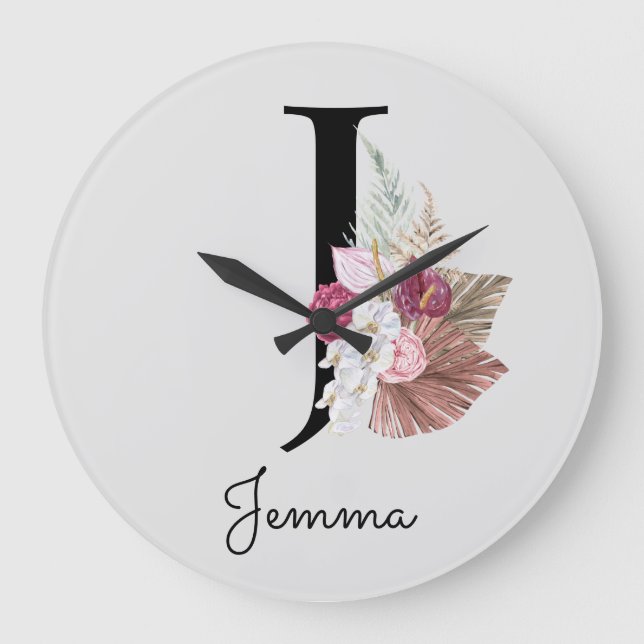 Monogram Pink Boho Girly Floral Large Clock (Front)