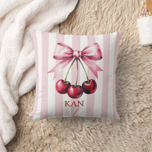 Monogram Pink Bow Cherries Coquette Aesthetic Cushion