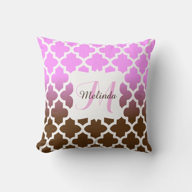 Monogram Pink & Brown Blend Quatrefoil Pattern Cushion (Front)