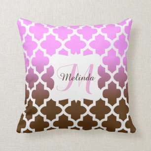 Monogram Pink & Brown Blend Quatrefoil Pattern Cushion