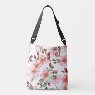 Monogram Pink Cherry Blossom Watercolor Floral Crossbody Bag