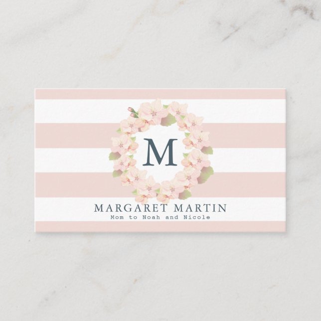 Monogram Pink Cherry Blossom Wreath Mummy Calling Card (Front)