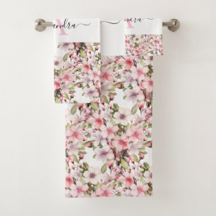 Monogram Pink Cherry Blossoms Towel Set