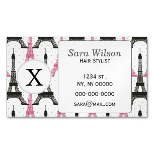 Monogram Pink Chic Eiffel Tower Pattern Magnetic Business Card
