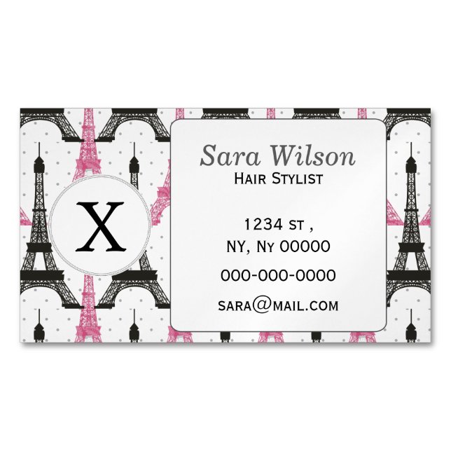 Monogram Pink Chic Eiffel Tower Pattern Magnetic Business Card (Front)