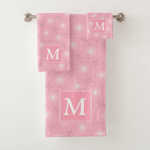 Monogram pink circles pattern bath towel set