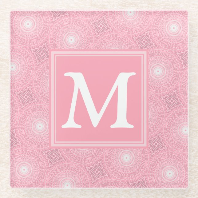 Monogram pink circles pattern glass coaster (Front)