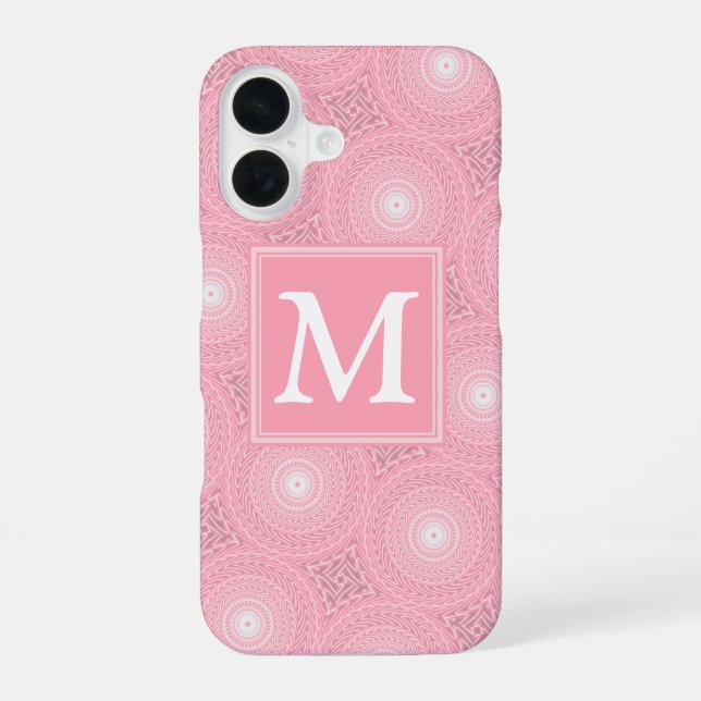 Monogram pink circles pattern iPhone 16 case (Back)