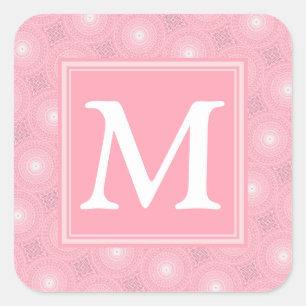 Monogram pink circles pattern square sticker