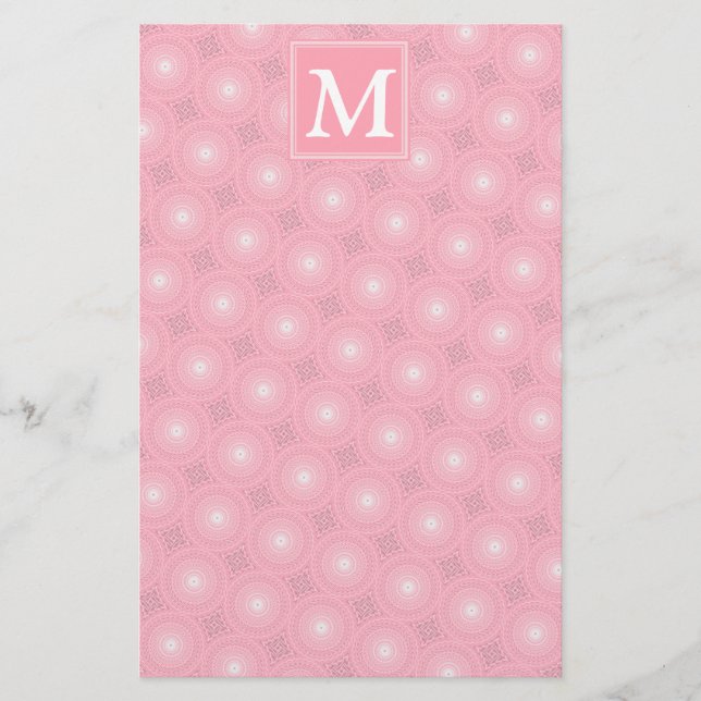 Monogram pink circles pattern stationery (Front)