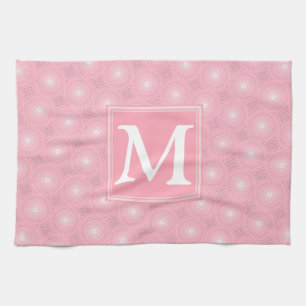 Monogram pink circles pattern tea towel