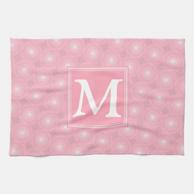 Monogram pink circles pattern tea towel (Horizontal)