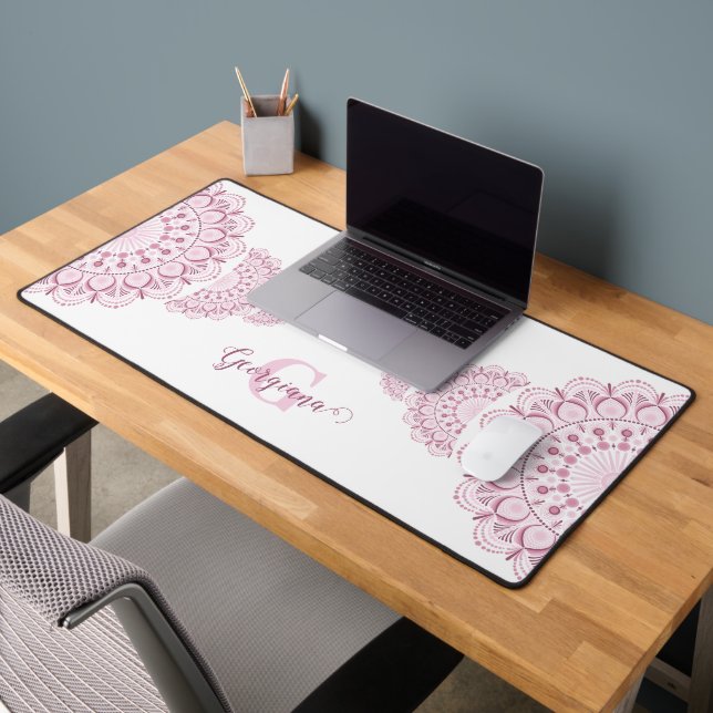 Monogram Pink Confetti Lace Ornamental Mandala Desk Mat (Office 2)