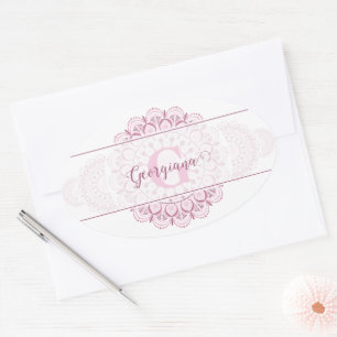 Monogram Pink Confetti Lace Ornamental Mandala Oval Sticker