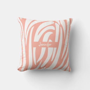 Monogram Pink Coral Striped Zebra Pattern Trendy Cushion