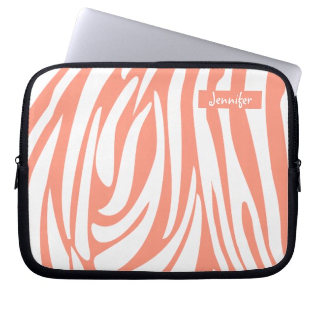 Monogram Pink Coral Striped Zebra Pattern Trendy Laptop Sleeve (Front)